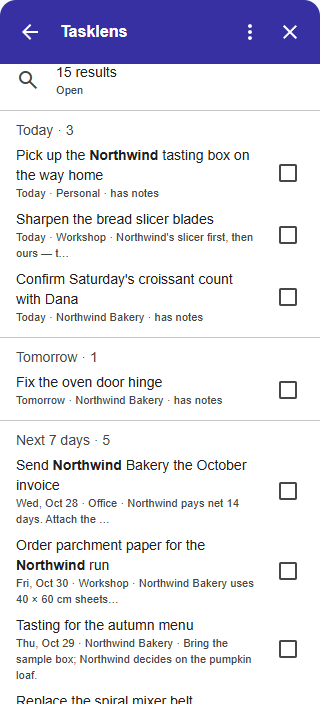 The Tasklens side panel in Gmail: 15 results for “northwind”, grouped as Today, Tomorrow and Next 7 days.