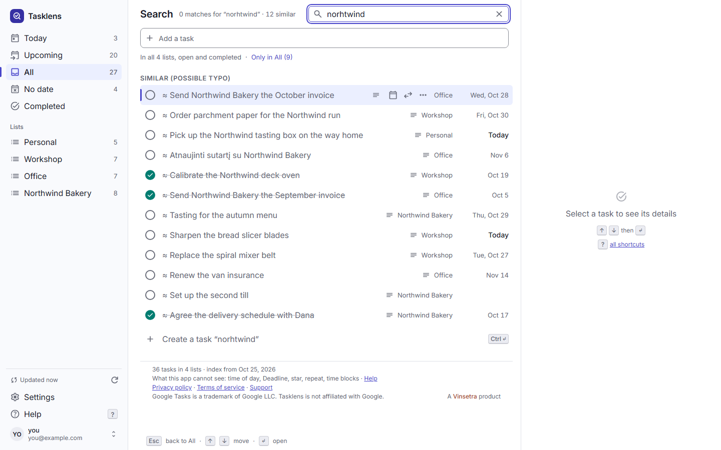 Search for the misspelt “norhtwind”: no exact match, and twelve tasks listed under “Similar (possible typo)”, each marked with ≈.