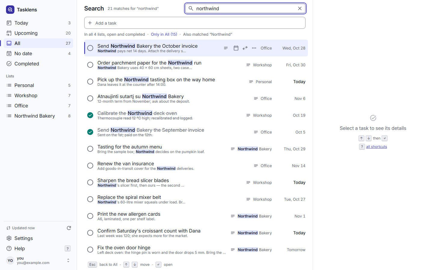 Tasklens search for “northwind”: 21 matches from four lists, with the word highlighted in task titles, notes and list names, and two completed tasks crossed out.