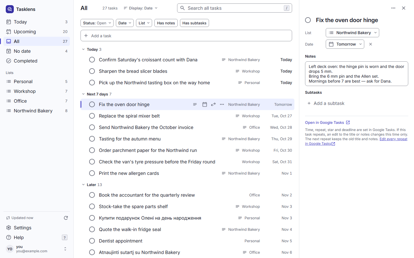 A task open in the right-hand pane with its list, date, notes and subtasks, and a note that time, repeat, star and deadline are set in Google Tasks.